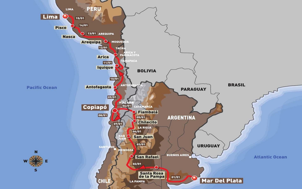La carte du parcours, qui verra les concurrents traverser trois pays (Argentine, Chili et Pérou).