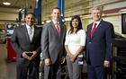 Gita Ravindran, Engineering Specialist with General Motors of Canada with GM Canada President, Kevin Williams demonstrating new technology in electric vehicles to Prime Minister, Stephen Harper and Ontario Premier, Dalton McGuinty during a visit to the Canadian Engineering Centre in Oshawa on July 24th. 